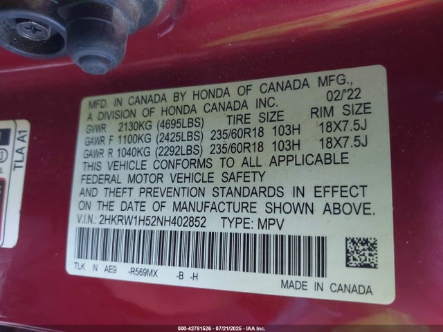 2HKRW1H52NH402852 Honda l15be