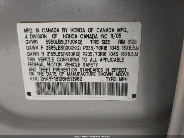 2006 HONDA PILOT 2HKYF18126H513962 Photo 8