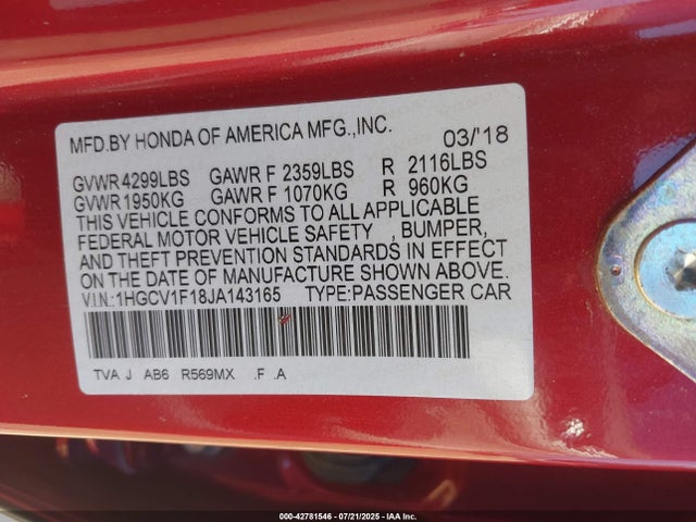 1HGCV1F18JA143165 Honda l15be
