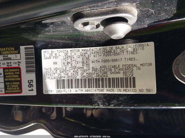 3TMJU4GN0FM185822 Toyota 1gr-fe
