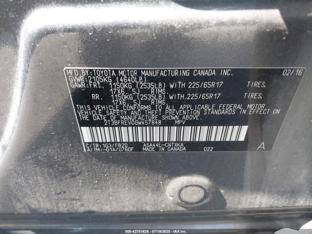 2T3BFREV0GW457848 Toyota 2ar-fe