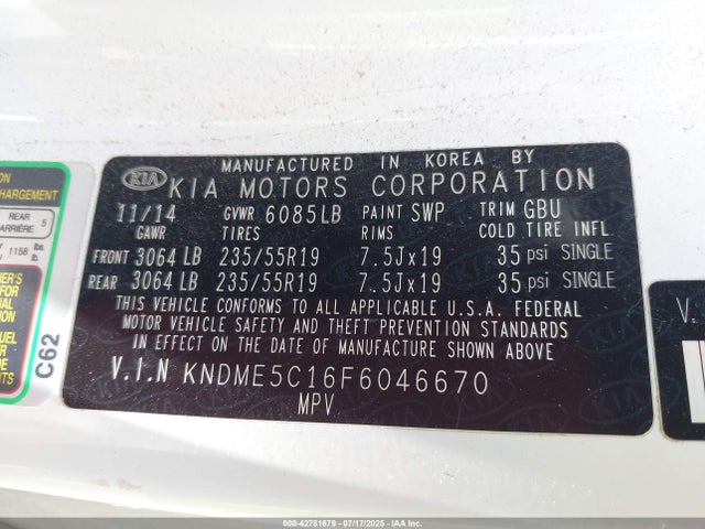 KNDME5C16F6046670 KIA dohc gdi lambda ii
