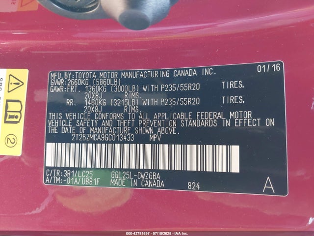 2T2BZMCA9GC013433 Lexus 2016