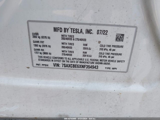 2022 TESLA MODEL X 7SAXCBE6XNF354943 Photo 8