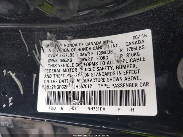 Honda k20c2 2016 2HGFC2F75GH557012 Image 9
