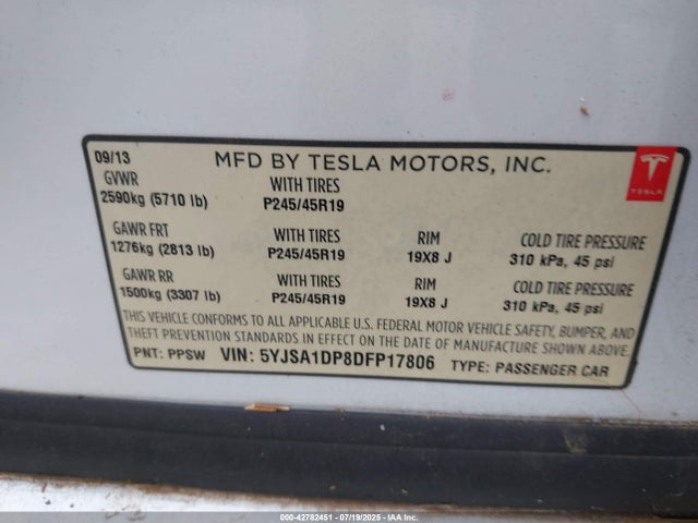 2013 TESLA MODEL S 5YJSA1DP8DFP17806 Photo 8