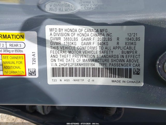 Honda Civic 2022 2HGFE2F5XNH555164 Image 23