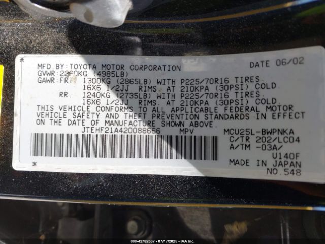 2002 TOYOTA HIGHLANDER JTEHF21A420088666 Photo 8
