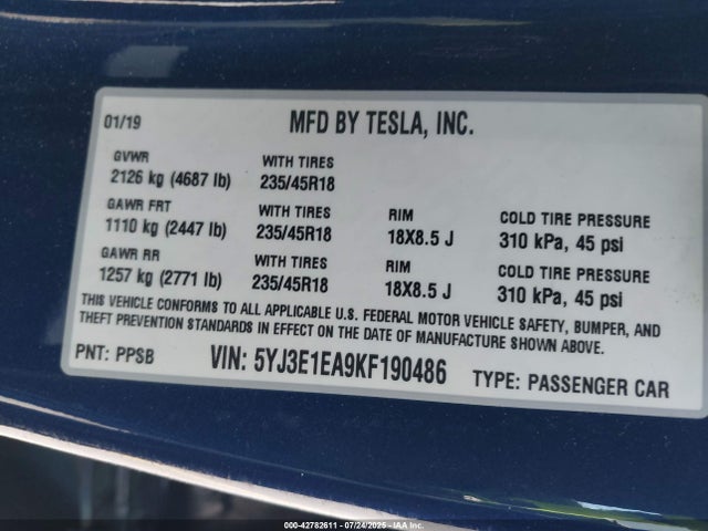 2019 TESLA MODEL 3 5YJ3E1EA9KF190486 Photo 8