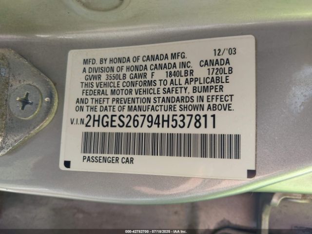 2004 HONDA CIVIC 2HGES26794H537811 Photo 8