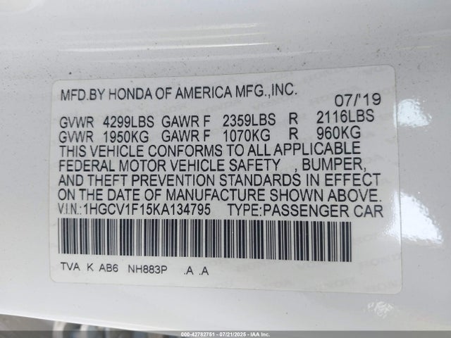 1HGCV1F15KA134795 Honda l15be