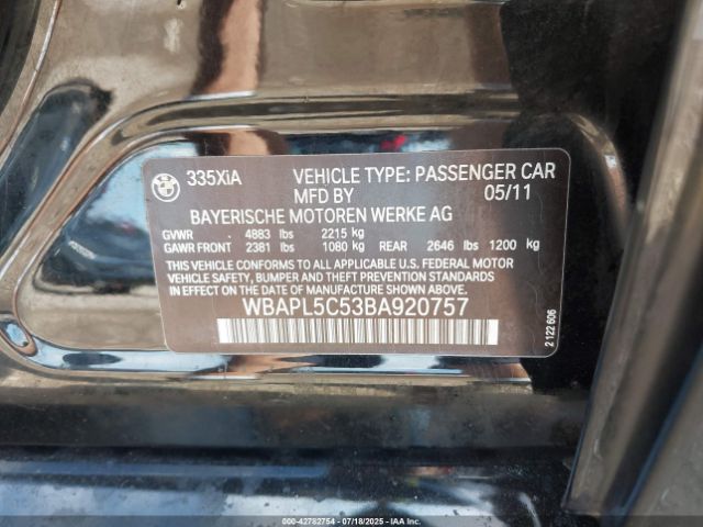 2011 BMW 335I WBAPL5C53BA920757 Photo 8