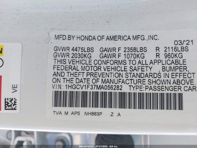 1HGCV1F37MA056282 Honda l15be