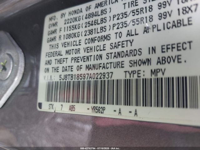 2007 ACURA RDX 5J8TB18597A022937 Photo 8