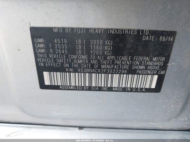 Subaru 2.5l u5 2015 4S3BNAC62F3022296 Image 9