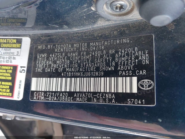 4T1B11HK6JU612839 Toyota a25a-fks