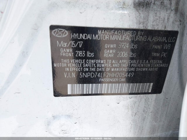 5NPD74LF2HH205449 Hyundai 2017