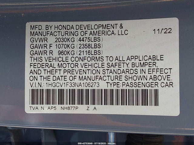 1HGCV1F33NA106273 Honda l15be
