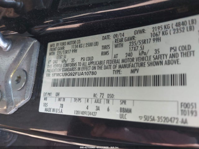 1FMCU9G92FUA10780 Ford 2015