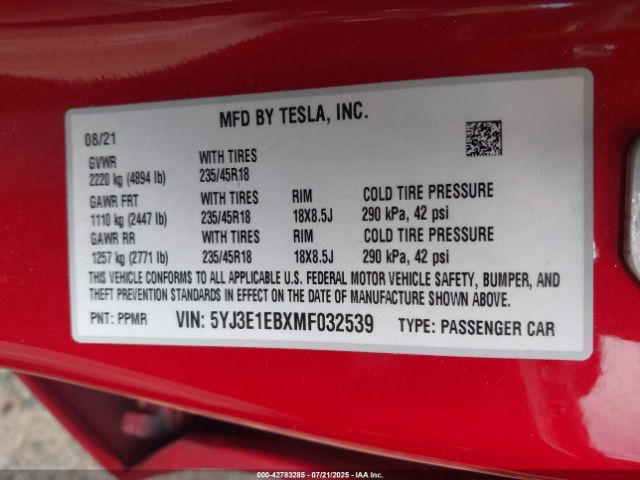 2021 TESLA MODEL 3 5YJ3E1EBXMF032539 Photo 8