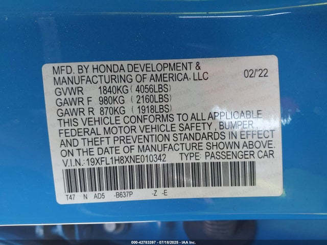 19XFL1H8XNE010342 Honda l15b7