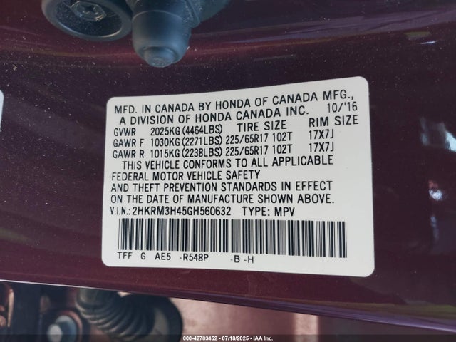Honda k24w9 2016 2HKRM3H45GH560632 Image 9