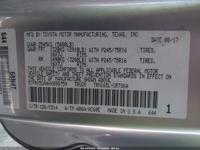 5TFRX5GN4HX098759 Toyota 2tr-fe