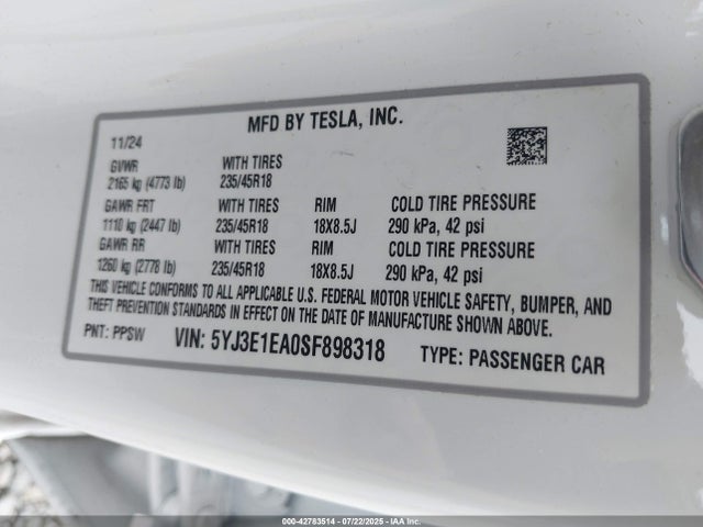 Tesla MODEL 3 2025 5YJ3E1EA0SF898318 Image 9