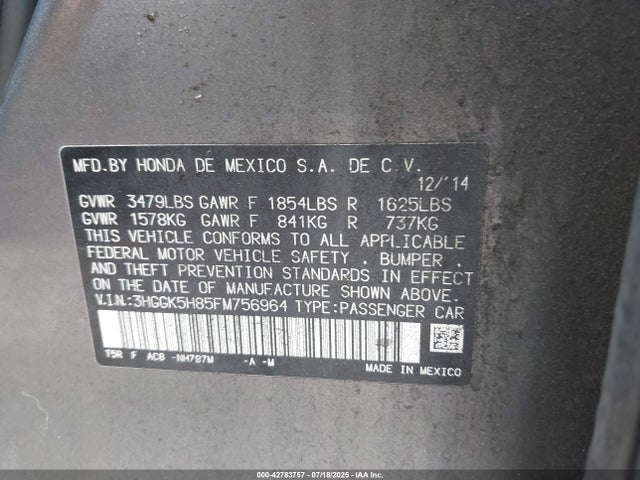 3HGGK5H85FM756964 Honda l15b1