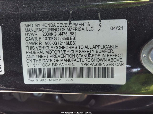 1HGCV1F4XMA068645 Honda l15be