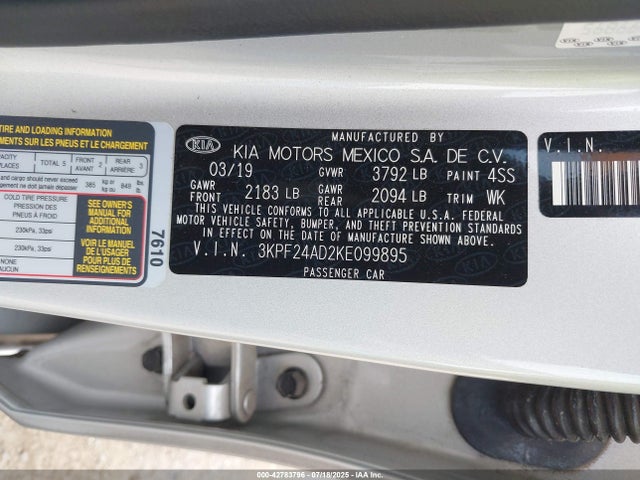 3KPF24AD2KE099895 KIA mpi nu