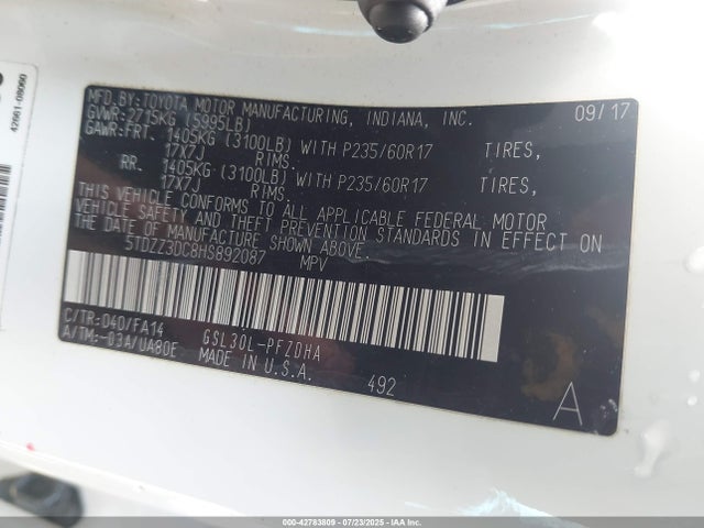 42783809 :رقم المزاد ، 5TDZZ3DC8HS892087 vin ، 2017 Toyota Sienna L 7 Passenger مزاد بيع