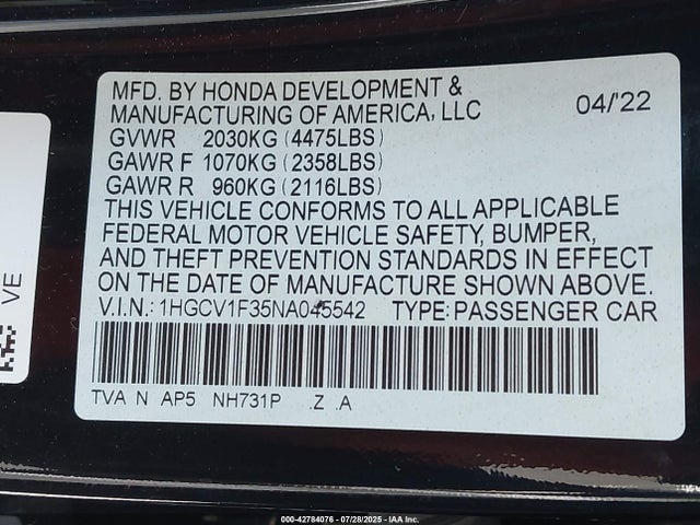 1HGCV1F35NA045542 Honda l15be