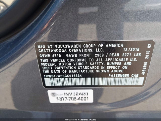 1VWBT7A38GC018334 Volkswagen 2016