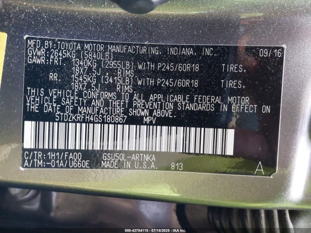 5TDZKRFH4GS180867 Toyota 2gr-fe