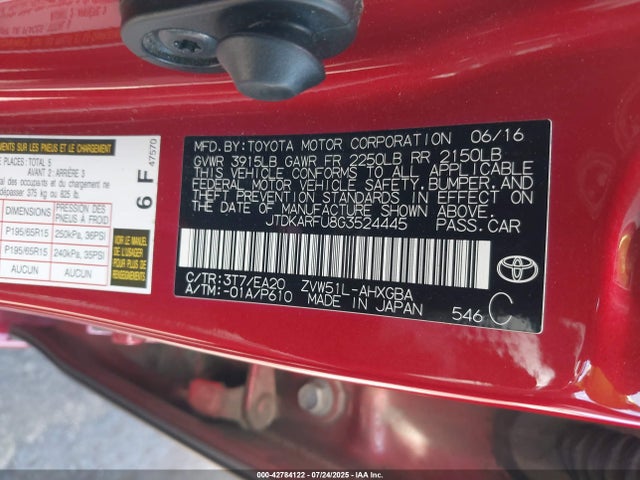 JTDKARFU8G3524445 Toyota 2zr-fxe,1nm