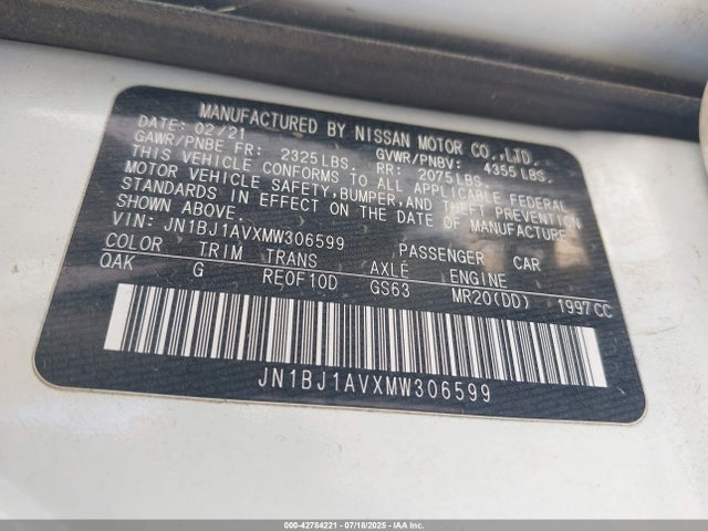 JN1BJ1AVXMW306599 Nissan 2021