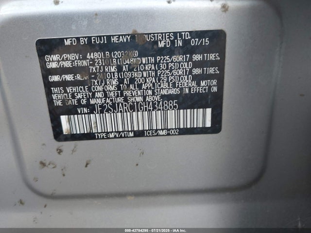 Subaru naturally aspirated u5 2016 JF2SJARC1GH434885 Image 9