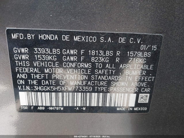 3HGGK5H5XFM773359 Honda l15b1