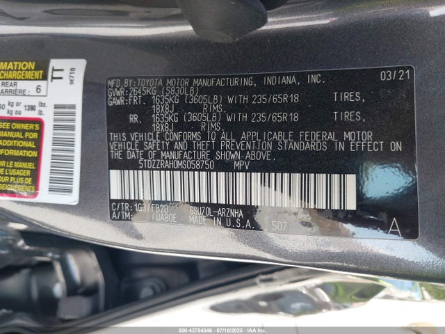 Toyota 2gr-fks 2021 5TDZZRAH0MS058750 Image 9