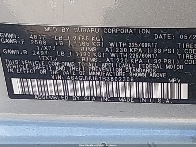 4S4GUHU61R3802306 Subaru na