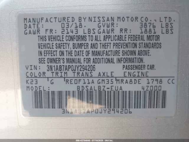 3N1AB7AP0JY294206 Nissan 2018
