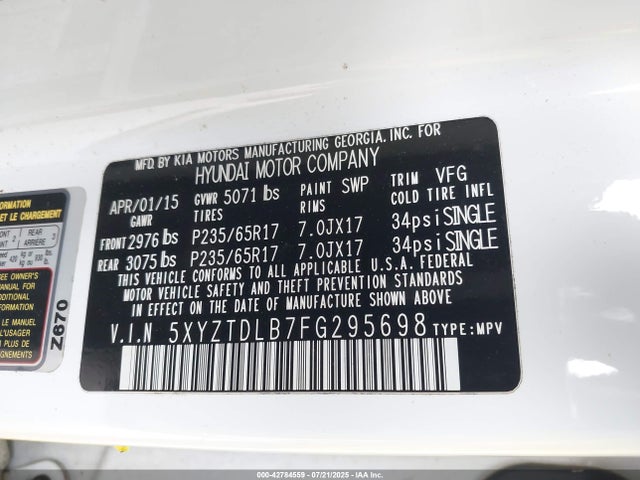 5XYZTDLB7FG295698 Hyundai dohc gdi theta ii