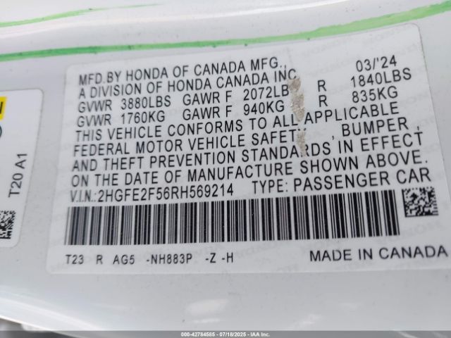 2024 HONDA CIVIC 2HGFE2F56RH569214 Photo 8