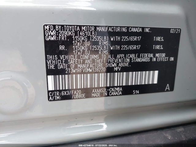 2T3W1RFV0MW138220 Toyota a25a-fks