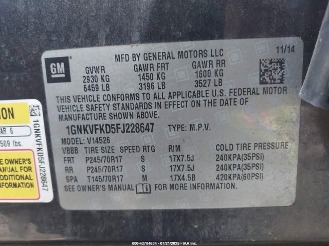 1GNKVFKD5FJ228647 Chevrolet llt