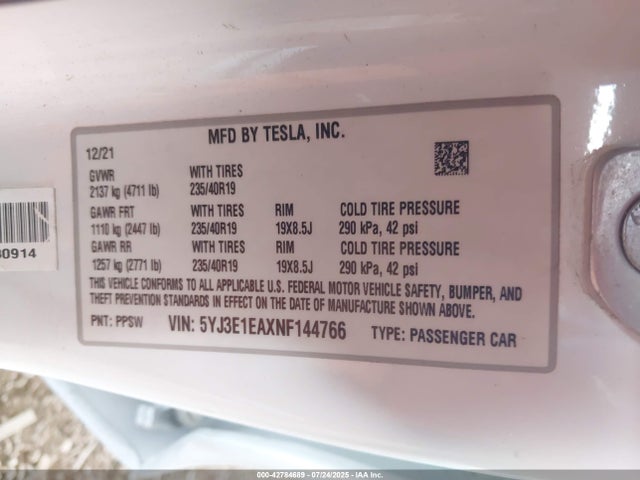 2022 TESLA MODEL 3 5YJ3E1EAXNF144766 Photo 8