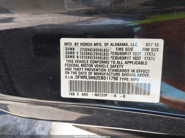 42784725 :رقم المزاد ، 5FNRL5H62EB011790 vin ، 2014 Honda Odyssey Ex-l مزاد بيع