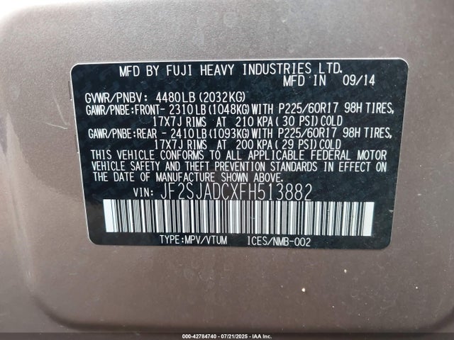 Subaru 2.5na u5 2015 JF2SJADCXFH513882 Image 9