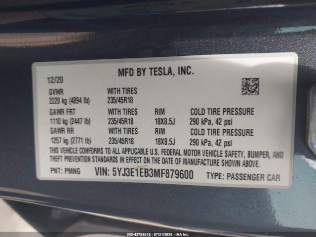 2021 TESLA MODEL 3 5YJ3E1EB3MF879600 Photo 8